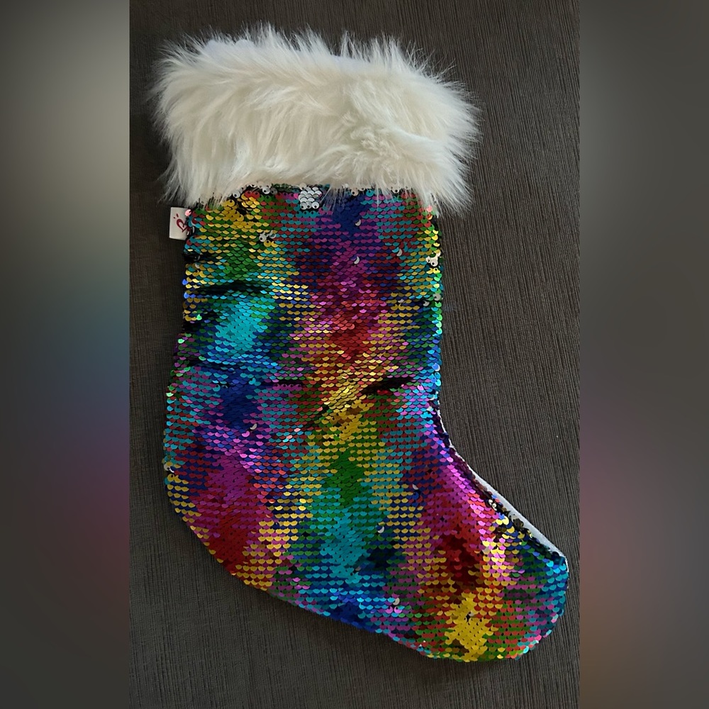 Justice Stocking Flip sequins rainbow silver faux fur trim